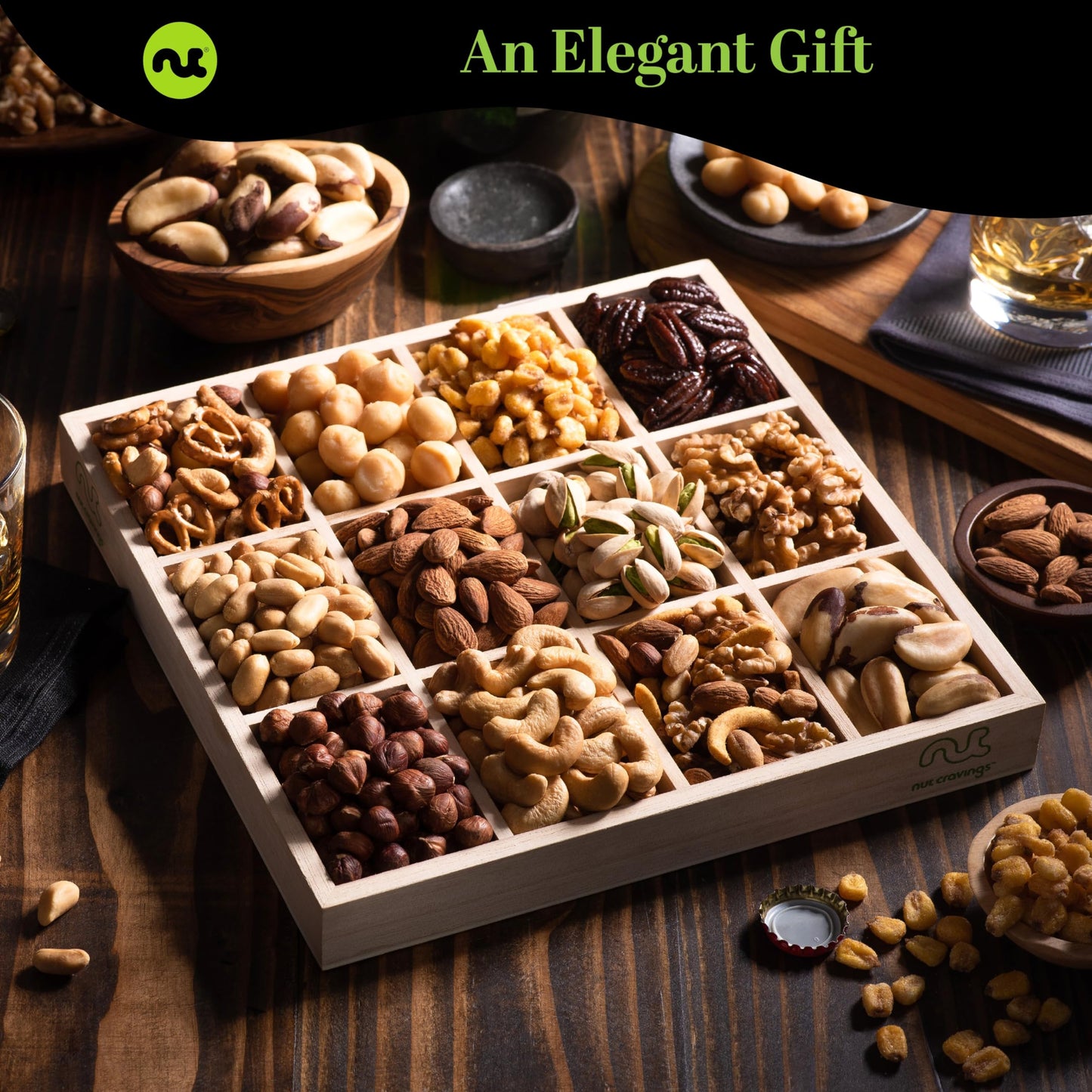 NUT CRAVINGS Gourmet Collection - Happy Birthday   Nuts Gift Basket with Bday Ribbon in Reusable Wooden Tray (12 Assortments) Food Arrangement  Healthy Snack Care Package  Food Assortments