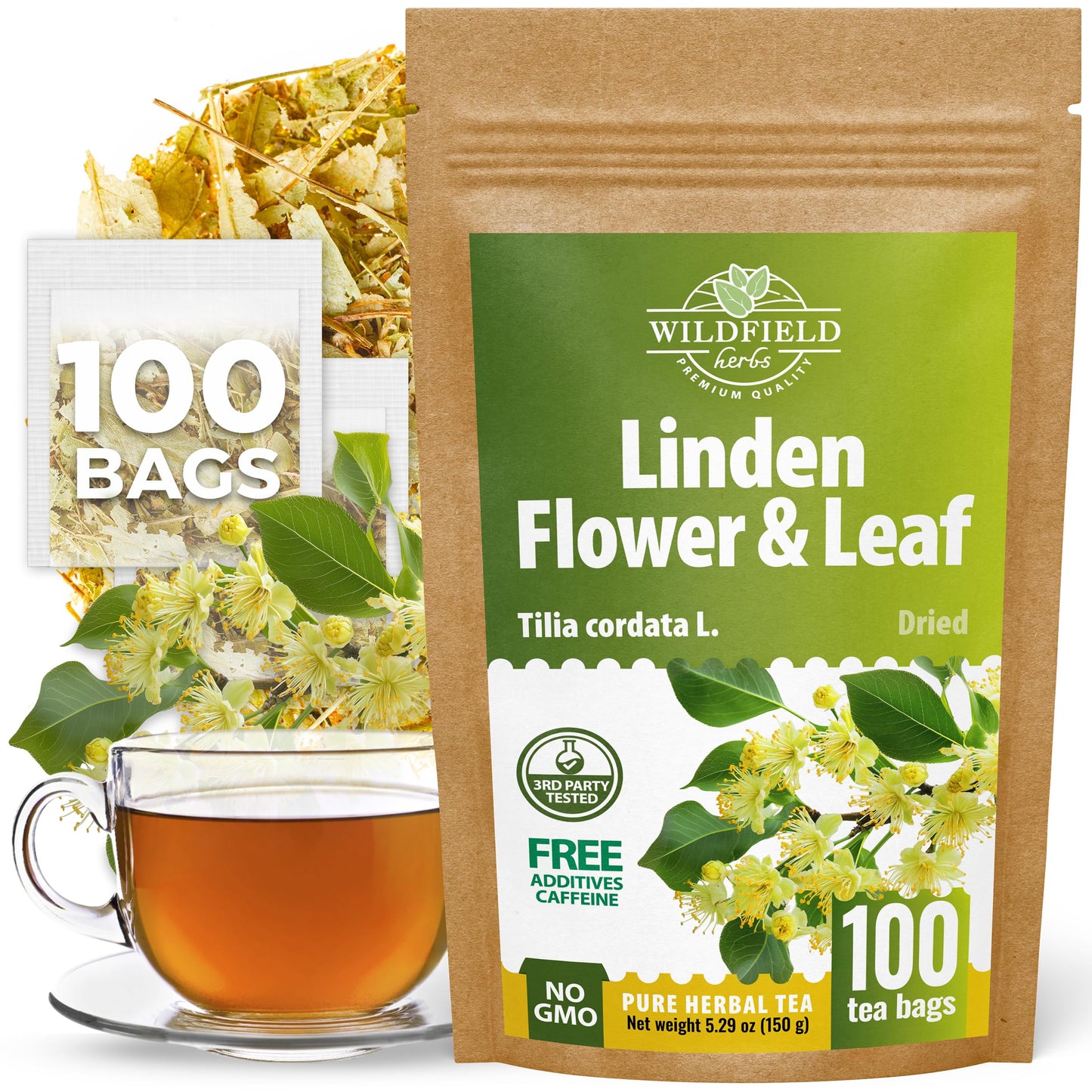 100 Bags Linden Tea Dried Linden Flower Tea Herbal (Tilia Cordata) - 100 Count 1.5G Bags Herb Lipa