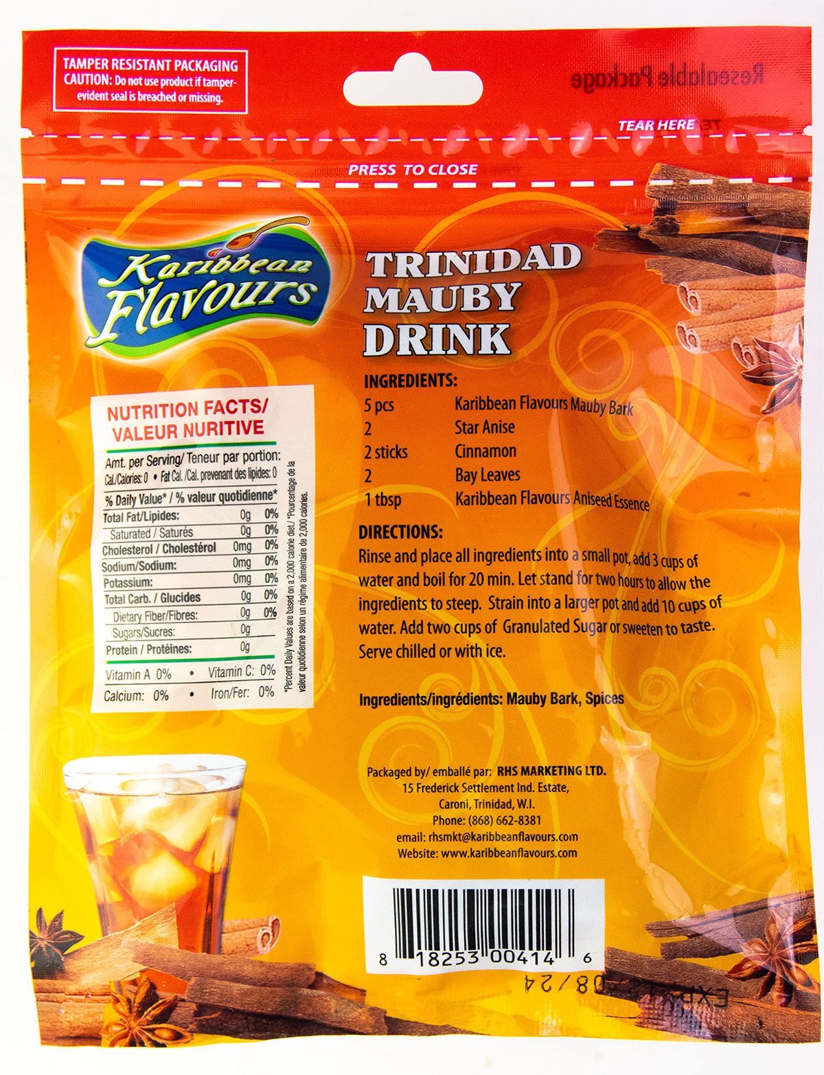 KARIBBEAN FLAVOURS Mauby Bark and Spices - Refreshing Beverage Mix, 3 Oz Pack