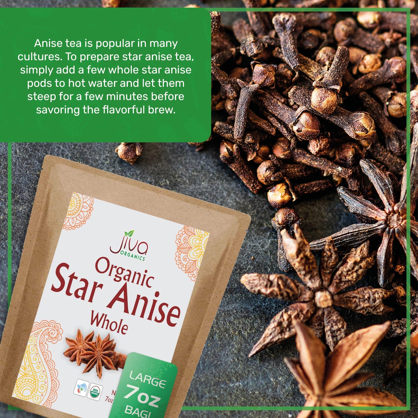 Jiva Organic Whole Star Anise 7 Oz Jumbo Bag - Non-GMO, Non Irradiated, Pure Spice from India, Staranise
