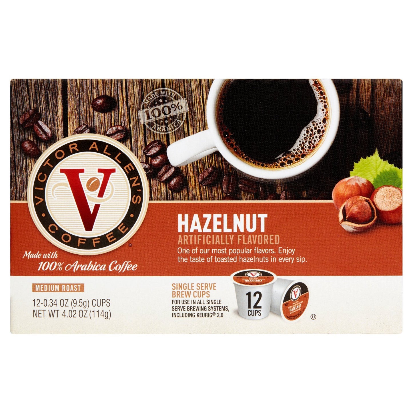 Victor Allens Coffee Hazelnut Flavored Medium Roast Single Serve Coffee Pods, 12 Count, Compatible with Keurig K-Cup malt-inspired, Brown