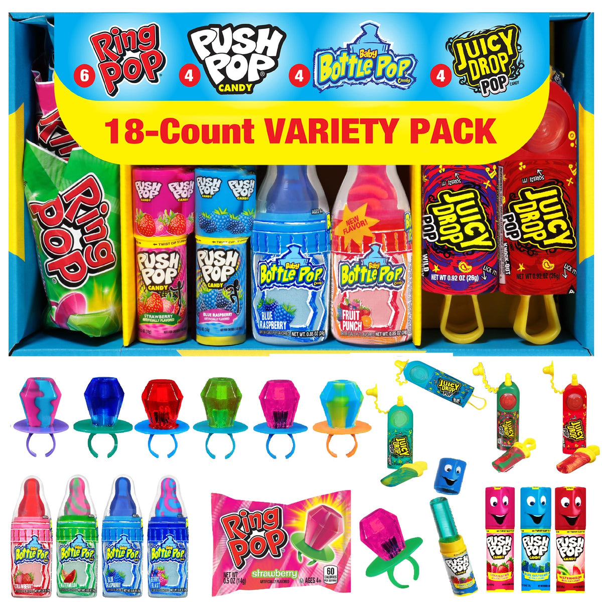 Candy Variety Pack - 18 Count Assorted Lollipops - Ring Pop, Push Pop, Baby Bottle Pop & Juicy Drop - Ideal for Birthdays, Party