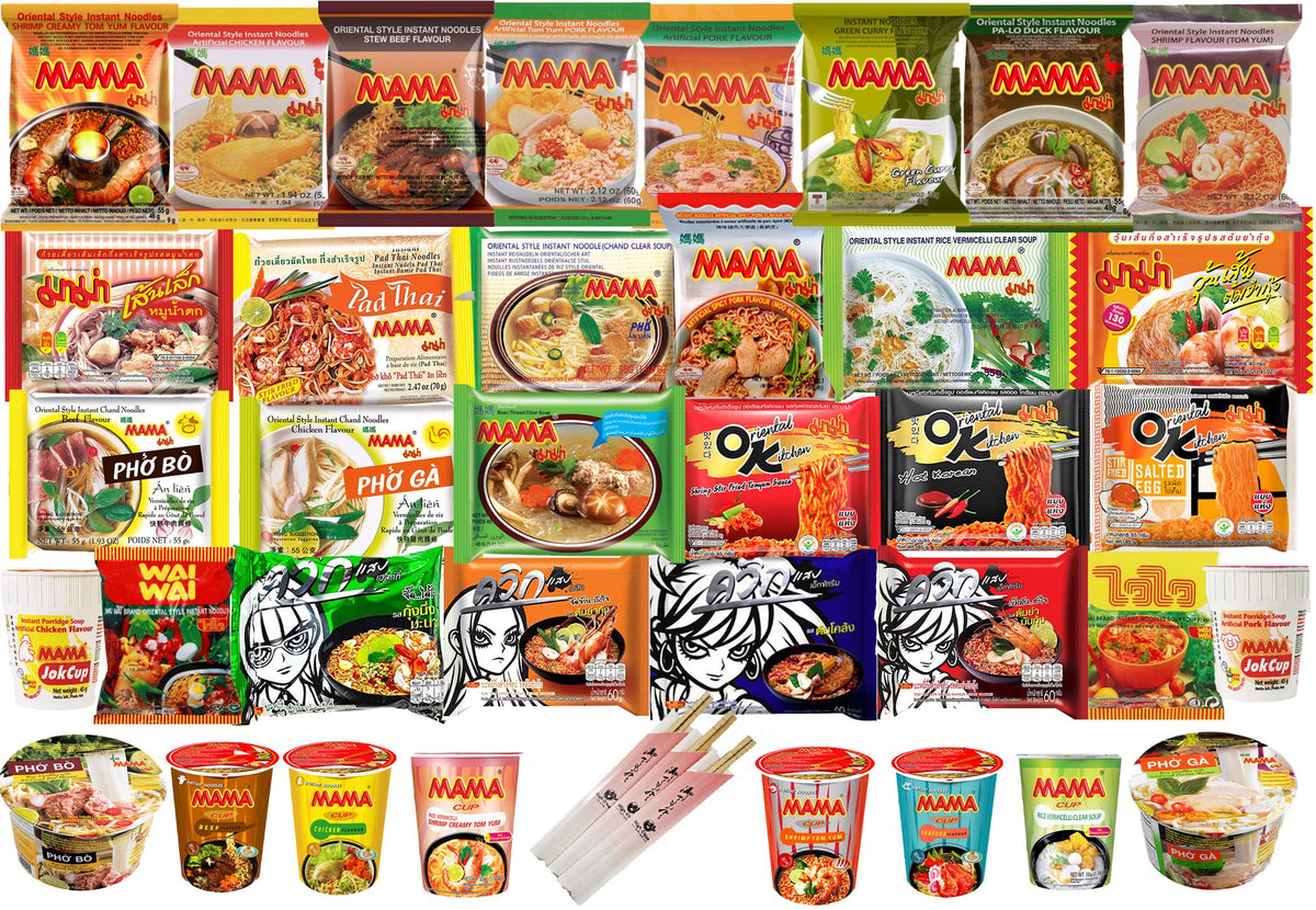 Hcg Thai Ramen Noodles Variety Pack With Mama Soup And Wai Wai Quick Instant Noodle, Pack Of 15 With Chopsticks, 18 Piece Set