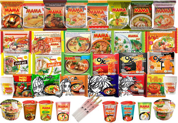 Hcg Thai Ramen Noodles Variety Pack With Mama Soup And Wai Wai Quick Instant Noodle, Pack Of 15 With Chopsticks, 18 Piece Set
