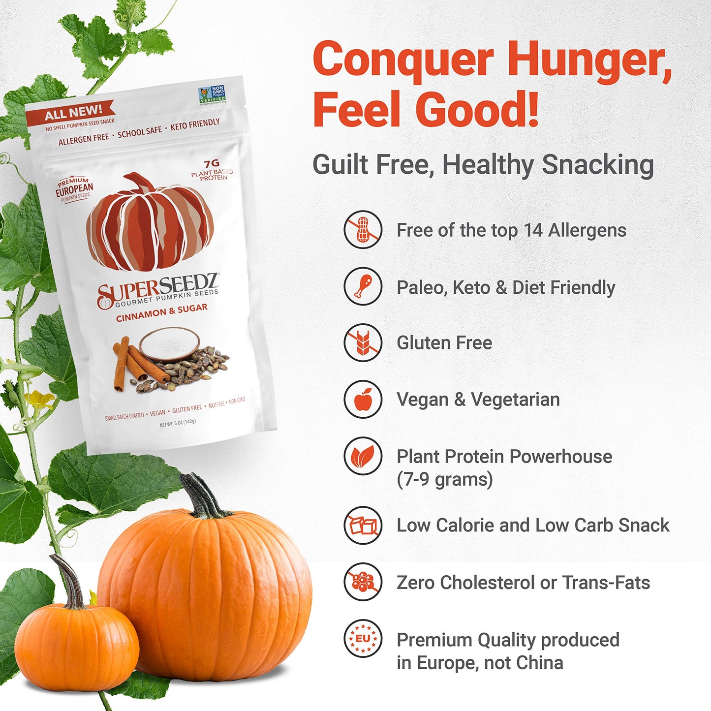 Superseedz Dry Roasted Pumpkin Seeds - Cinnamon & Sugar Pepitas, Vegan, Whole 30, Paleo, Healthy Snacks, 8G Plant Based Protein, Produced In Usa, Dairy Free, Nut Free, Gluten Free Snack (5Oz)