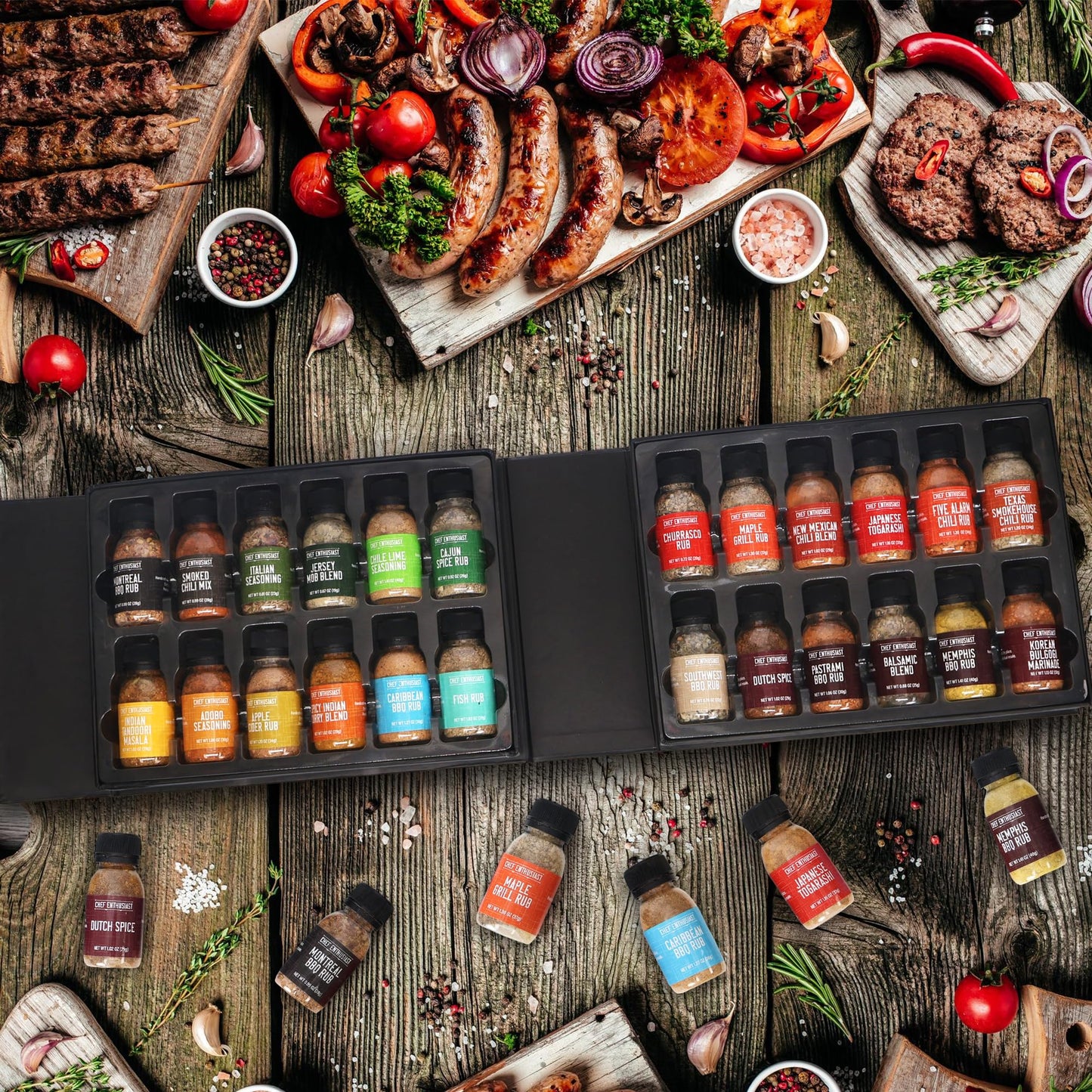 Chef Enthusiast Grilling Spices & Seasoning Set - 24 Gourmet BBQ Spice Rubs - 1 Ounce (Pack of 24) - Kosher Gift Set
