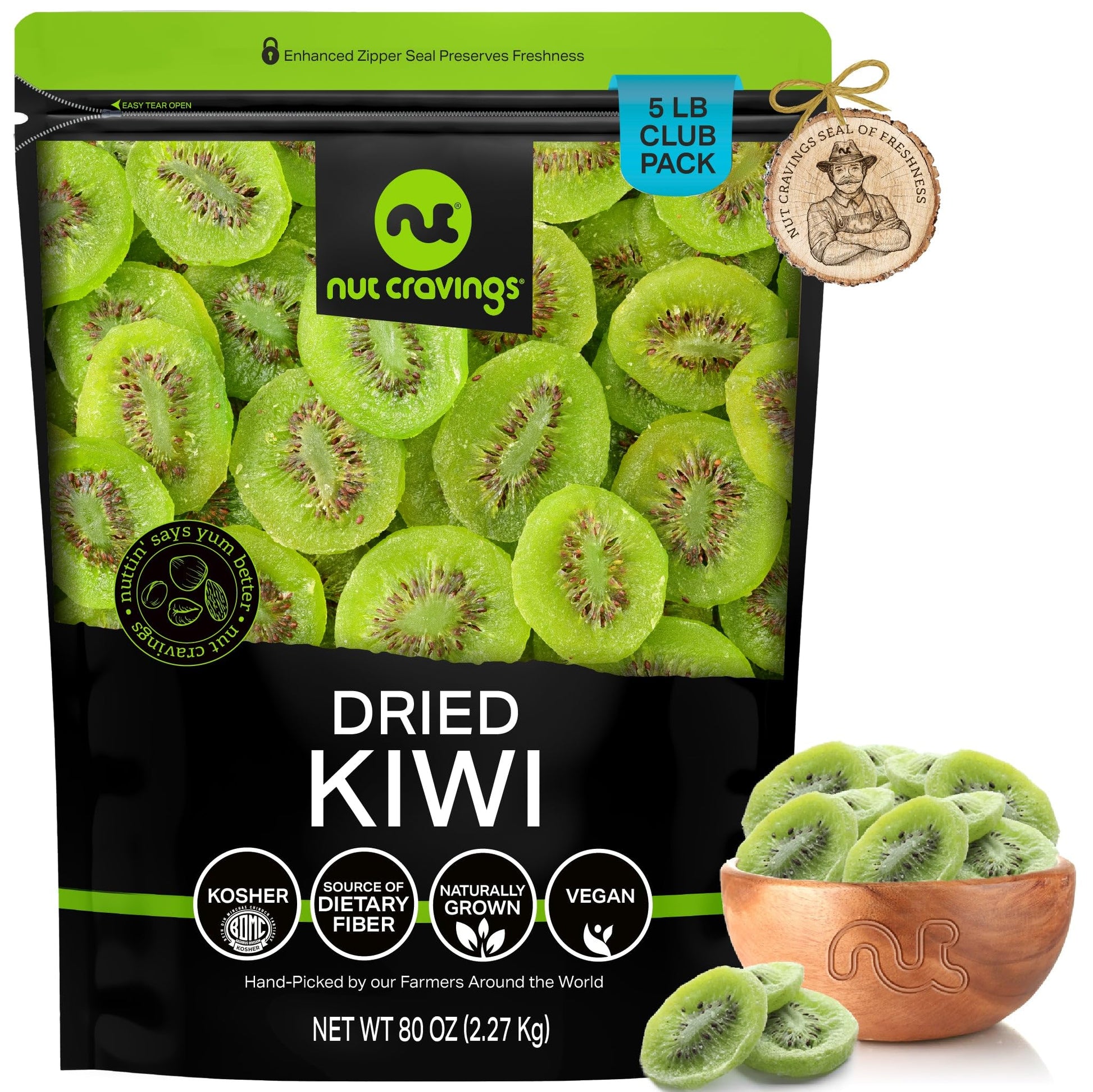 NUT CRAVINGS Dry Fruits - Sun Dried Kiwi Slices, (80oz - 5 LB, Bulk) Packed Fresh in Resealable Bag - Sweet Snack, Healthy Food,