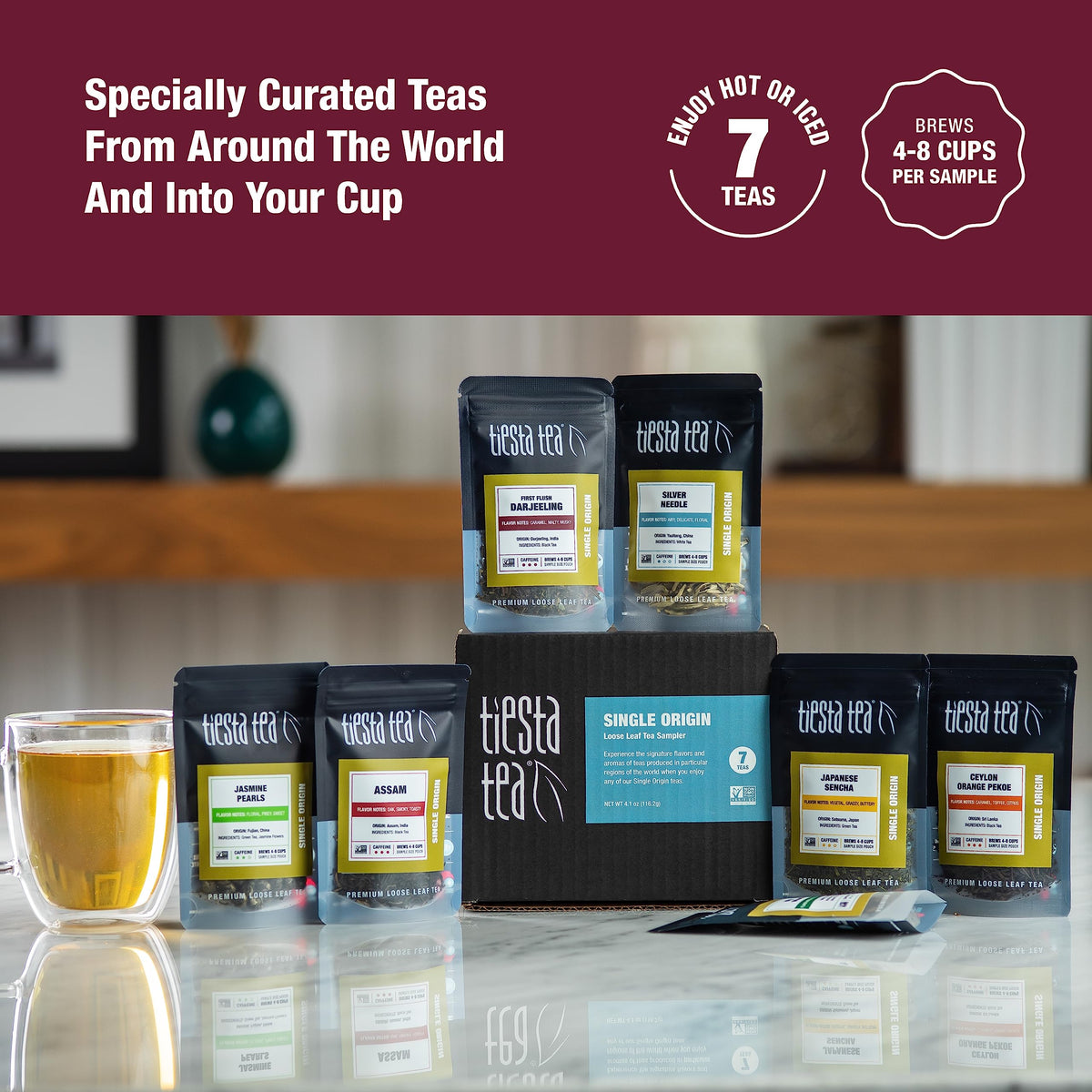 Tiesta Tea Single Origin Tea Sampler Set - Loose Leaf, Assorted Brew Sets, High to Low Caffeine, 7 Resealable Sample Pouches