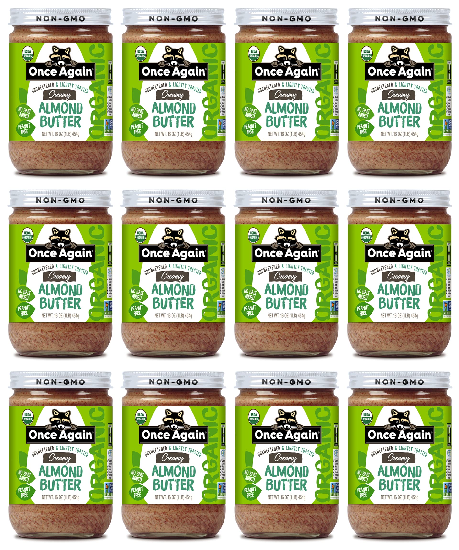 Once Again Organic Creamy Almond Butter, 16oz - Lightly Toasted - Salt Free, Unsweetened - USDA Organic, Gluten Free Certified, 