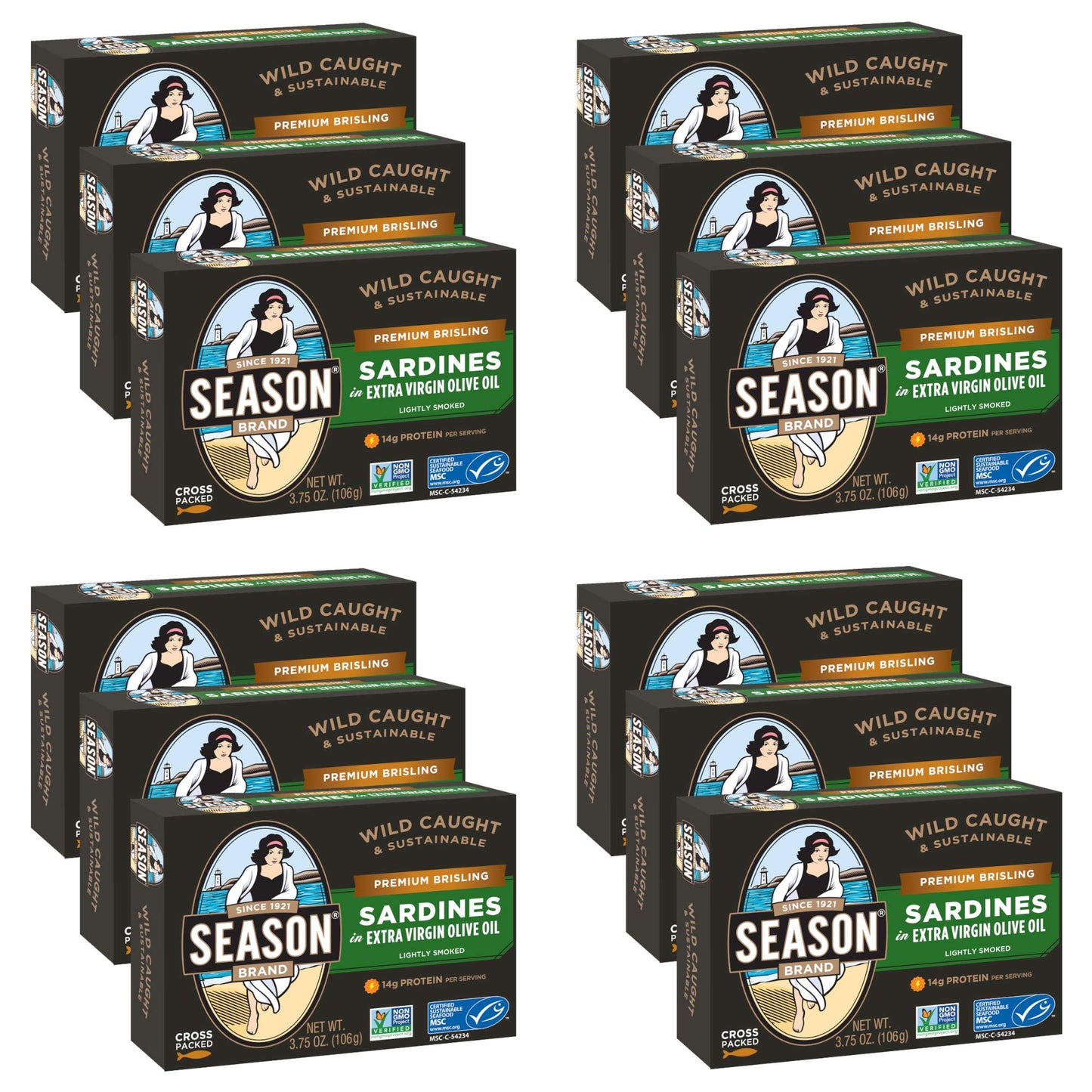 SEASON Brisling Sardines in Extra Virgin Olive Oil - Wild Caught, 3.37 Oz Tins, 12-Pack, High in Calcium, Keto Friendly