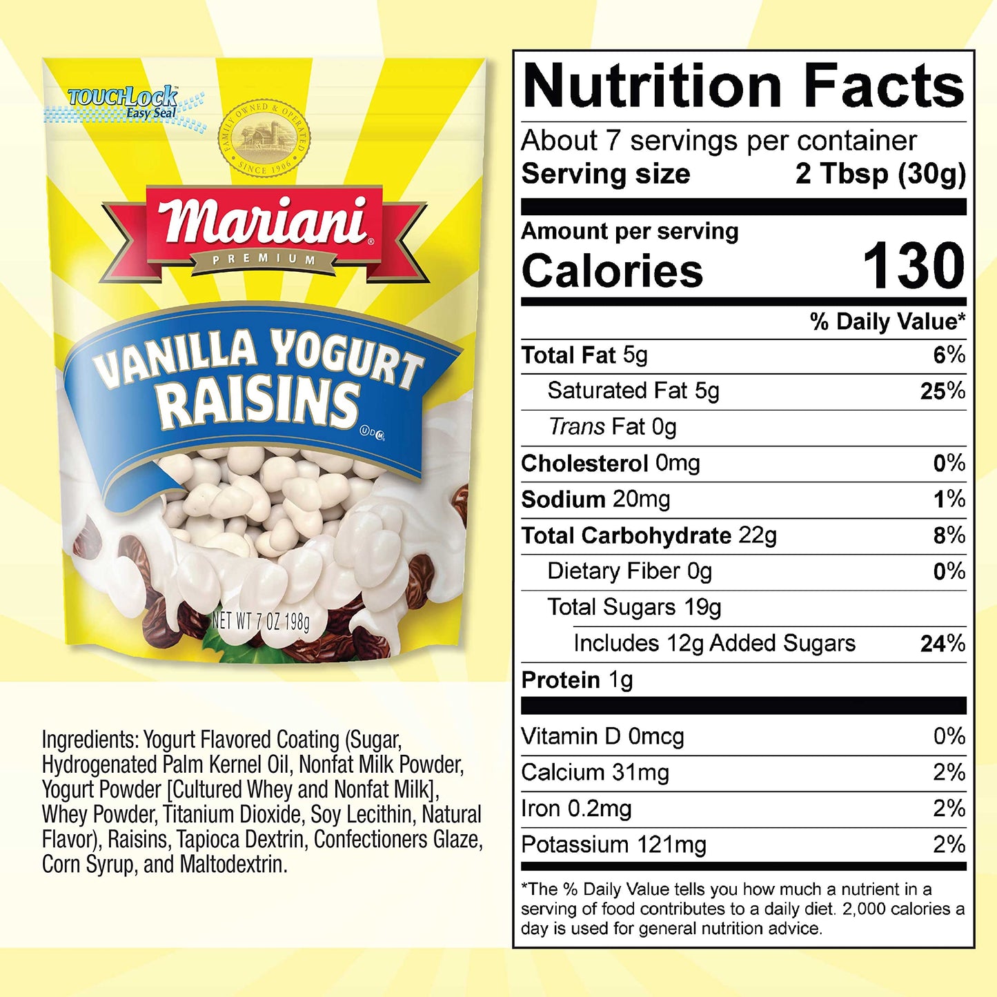Mariani | Vanilla Yogurt Raisins | Healthy Snacks For Kids & Adults | Gluten Free Snacks | 7 Ounces (Pack Of 1) - Resealable Bag