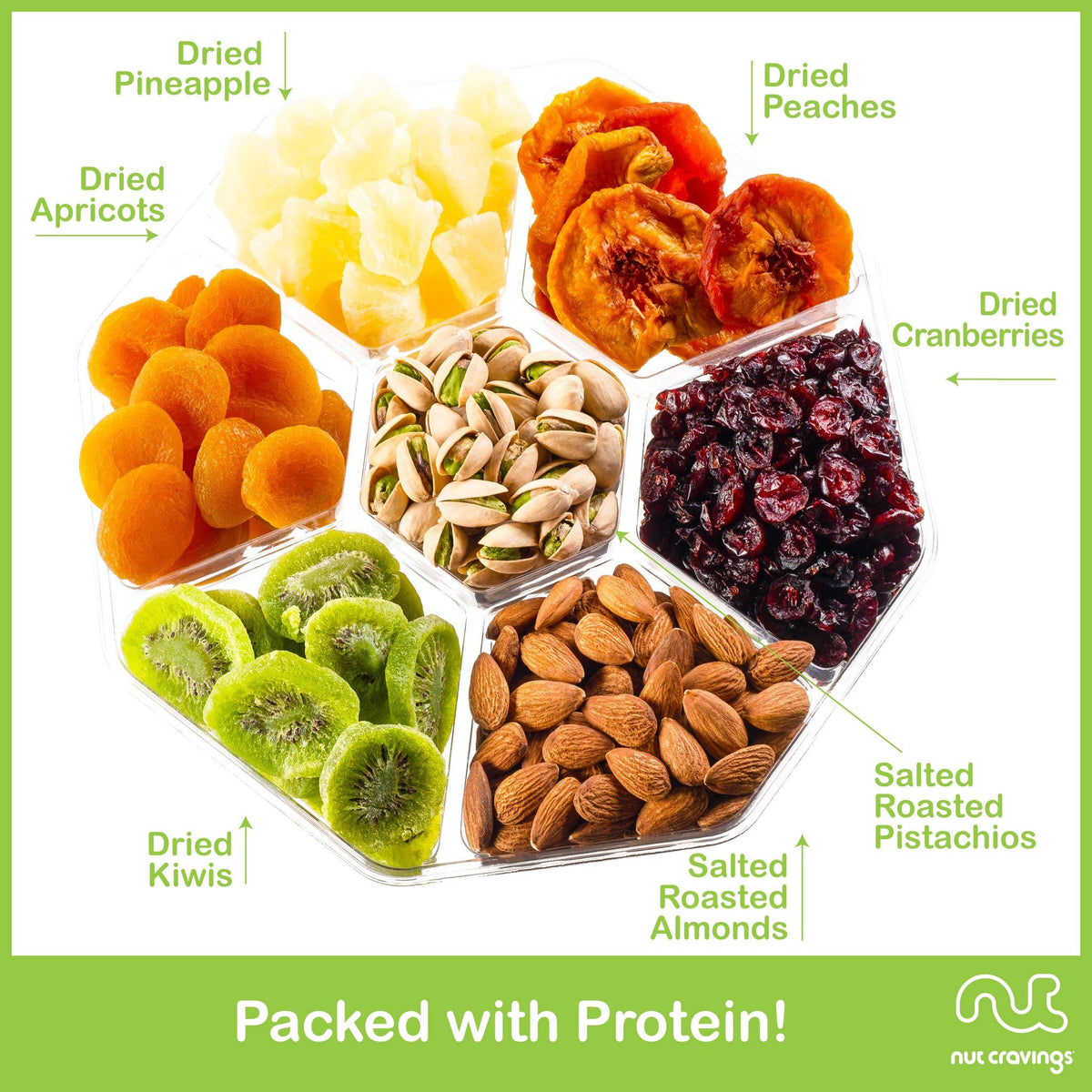 Nut Cravings Gourmet Collection - Rosh Hashana & Shana Tova Dried Fruit & Mixed Nuts Gift Basket + Green Ribbon (7 Assortments,