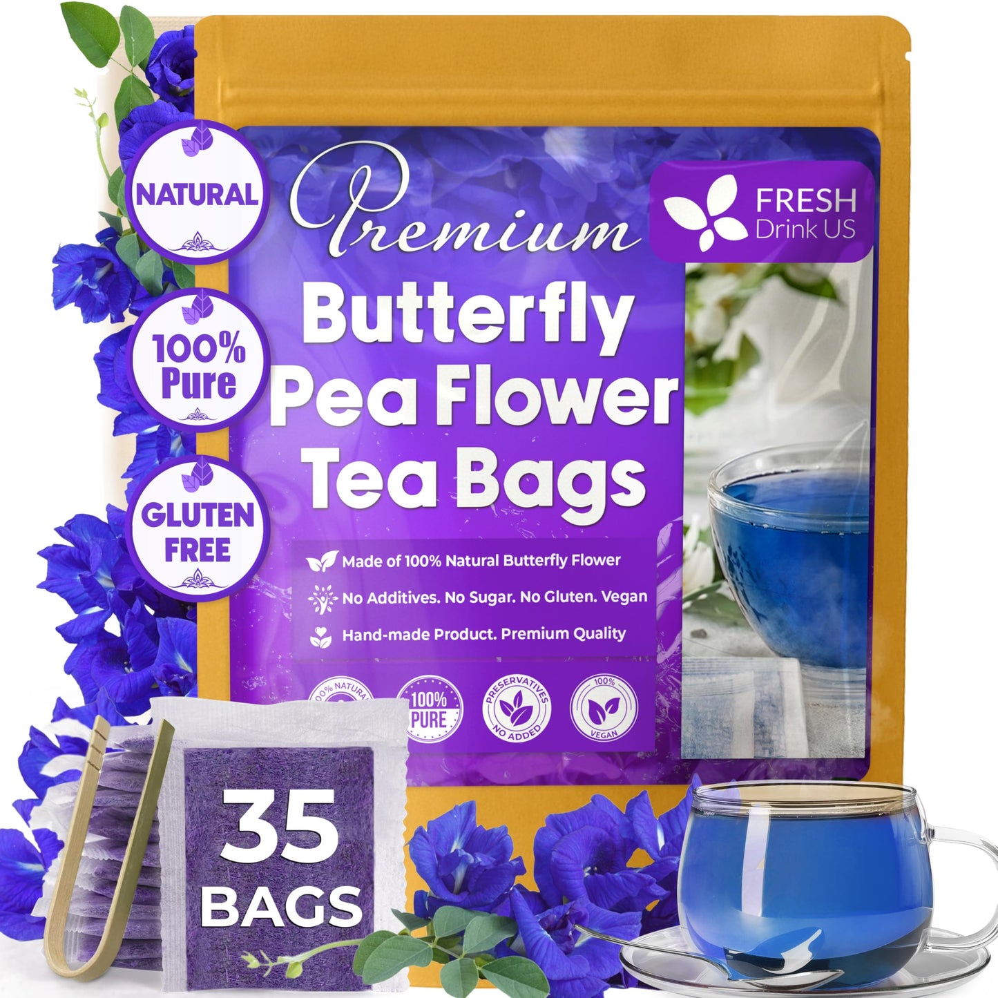 Freshdrinkus  Top-Grade 35 Butterfly Pea Tea Bags  100% Natural And Pure From Butterfly Pea Flowers  Hand-Made  Made With Natural Materials-Corn Fiber Tea Bag  Sugar/Energy Blend/Gluten Free  Vegan