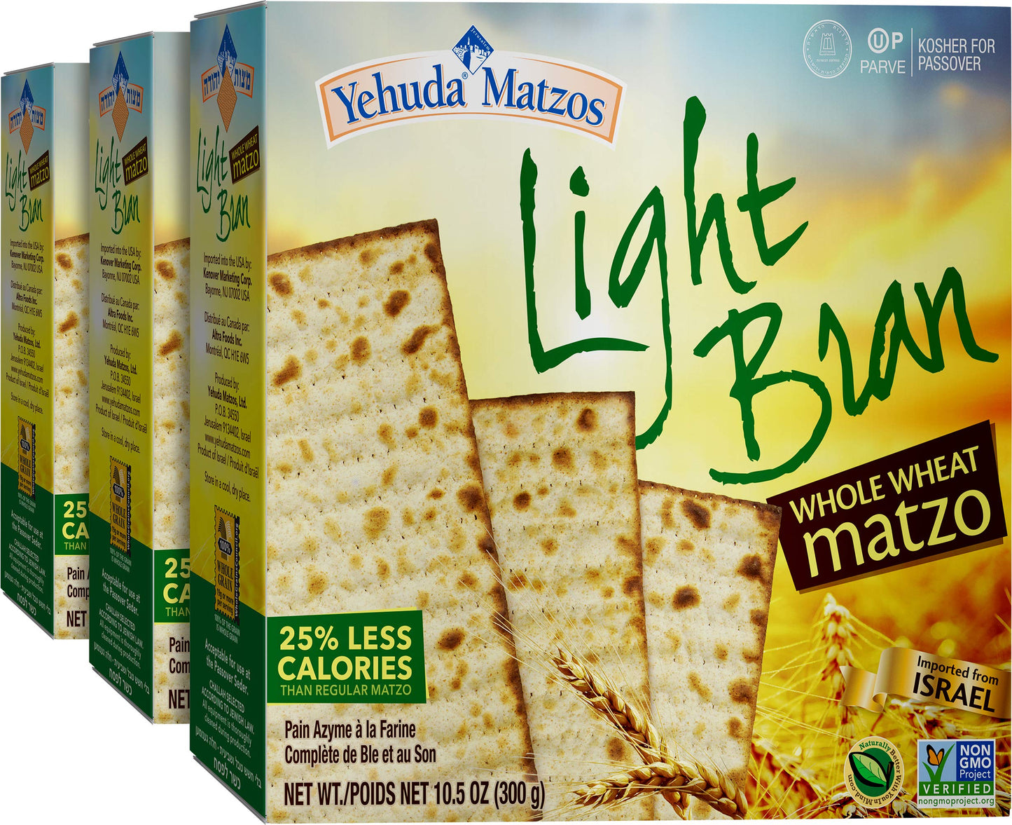 Yehuda Light Whole Wheat Bran Matzo 10.5oz (3 Pack) 4 Grams of Fiber Per Serving | Non GMO | Certified Kosher (Including Passove