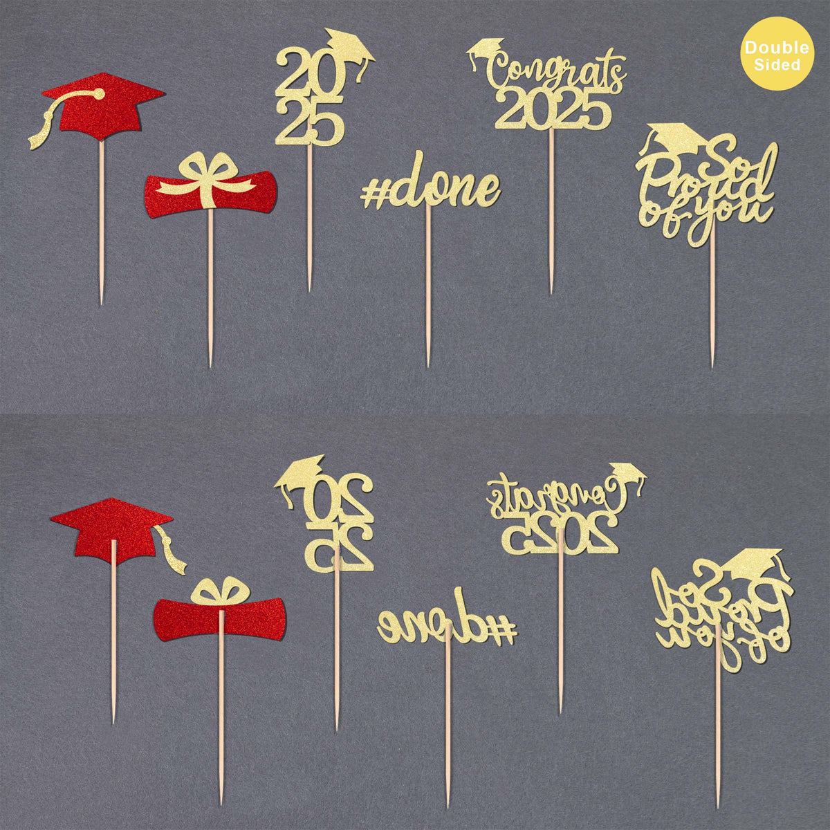 36 Pcs Class Of 2025 Graduation Cupcake Toppers, Gold & Red Glitter Double-Sided Grad Cap Cake Toppers For Party Supplies, 2025
