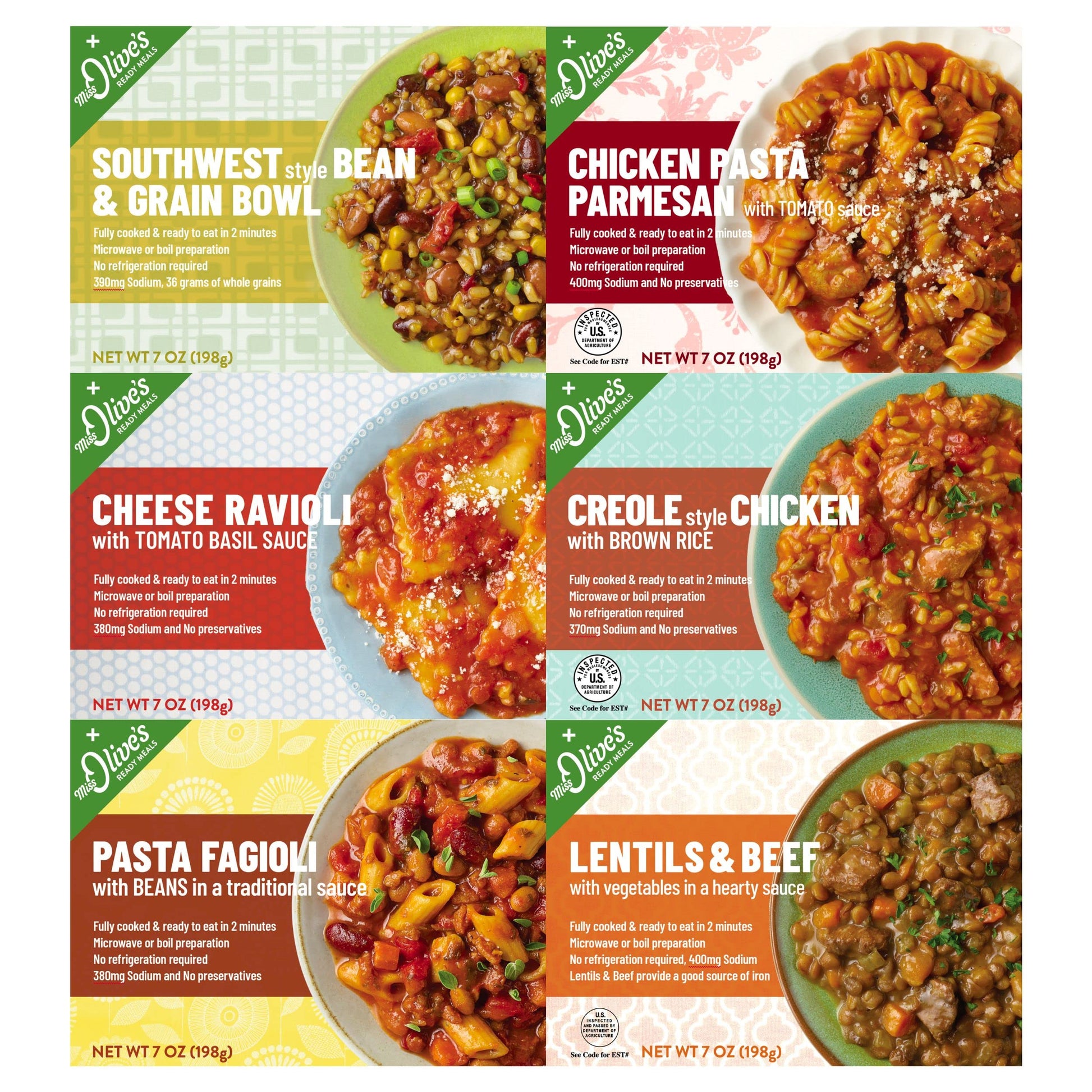 Miss Olive's Variety Pack Microwavable Ready to Eat Lower Sodium Ready Meals (Bundle of 6)-1 of each flavor