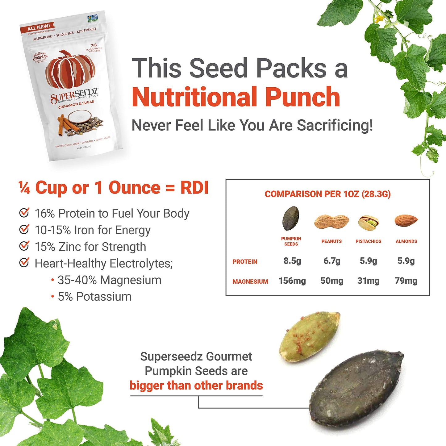 Superseedz Dry Roasted Pumpkin Seeds - Cinnamon & Sugar Pepitas, Vegan, Whole 30, Paleo, Healthy Snacks, 8G Plant Based Protein, Produced In Usa, Dairy Free, Nut Free, Gluten Free Snack (5Oz)