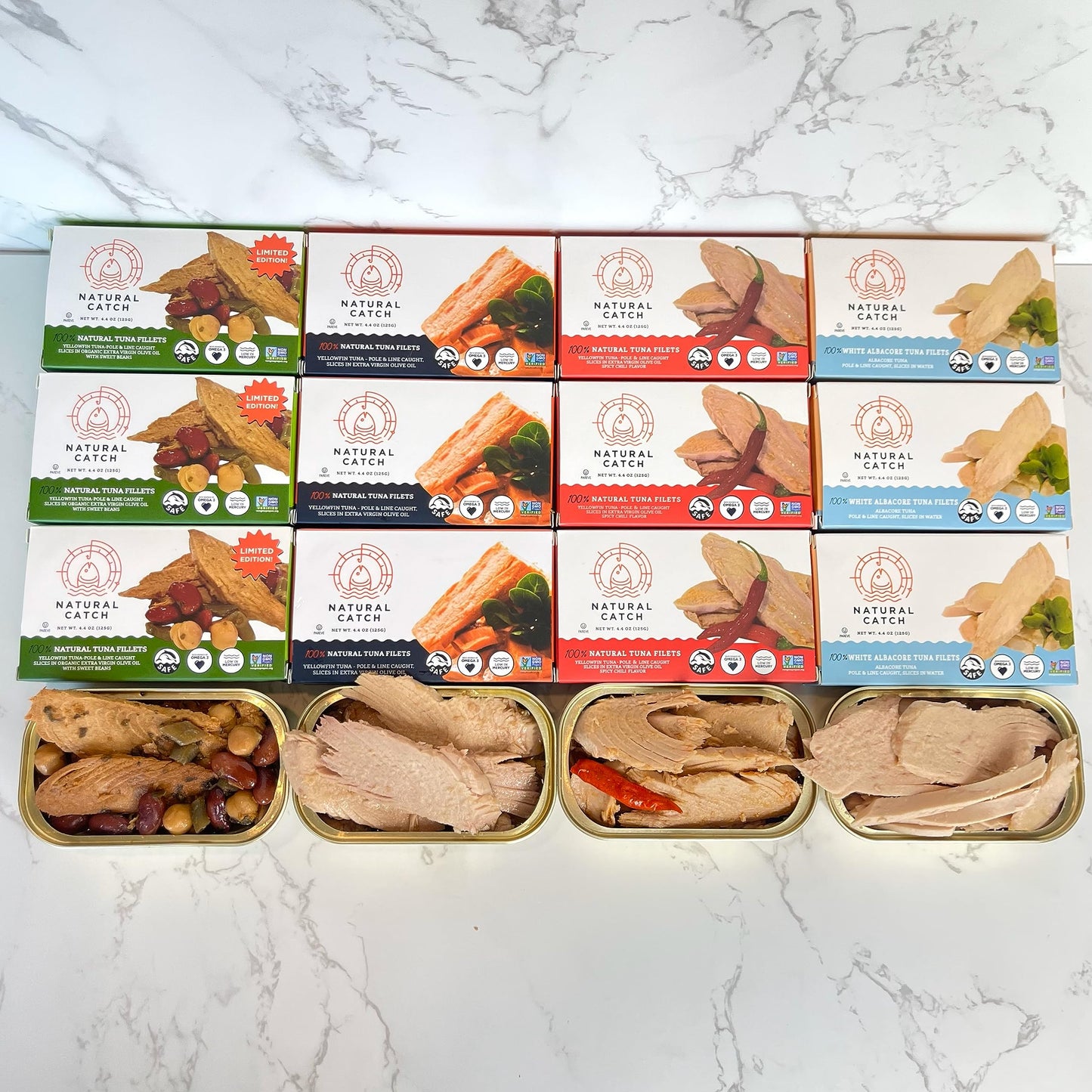 Natural Catch Tuna Filets Variety Pack  Hand Cut  Pole & Line Caught  130 Calories Gluten-Free  Paleo  Keto Friendly  enhanced Yellowfin & Albacore Tuna in Extra Virgin Olive Oil (4.4 oz per can- Pack of 12) (Variety)