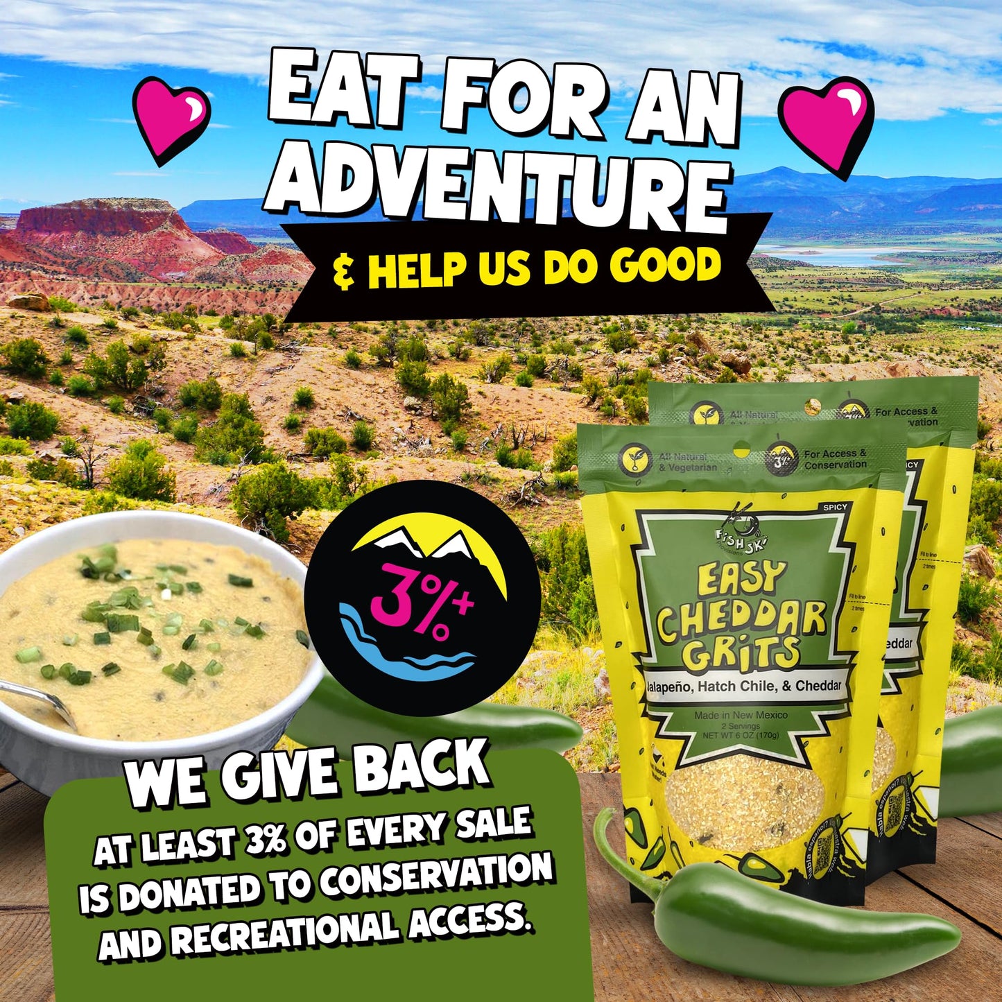 Jalapeno Yellow Corn Grits With Cheddar Cheese + Hatch Green Chile + Garlic, By Fishski Provisions, 6 Oz Bags, 6 Pack