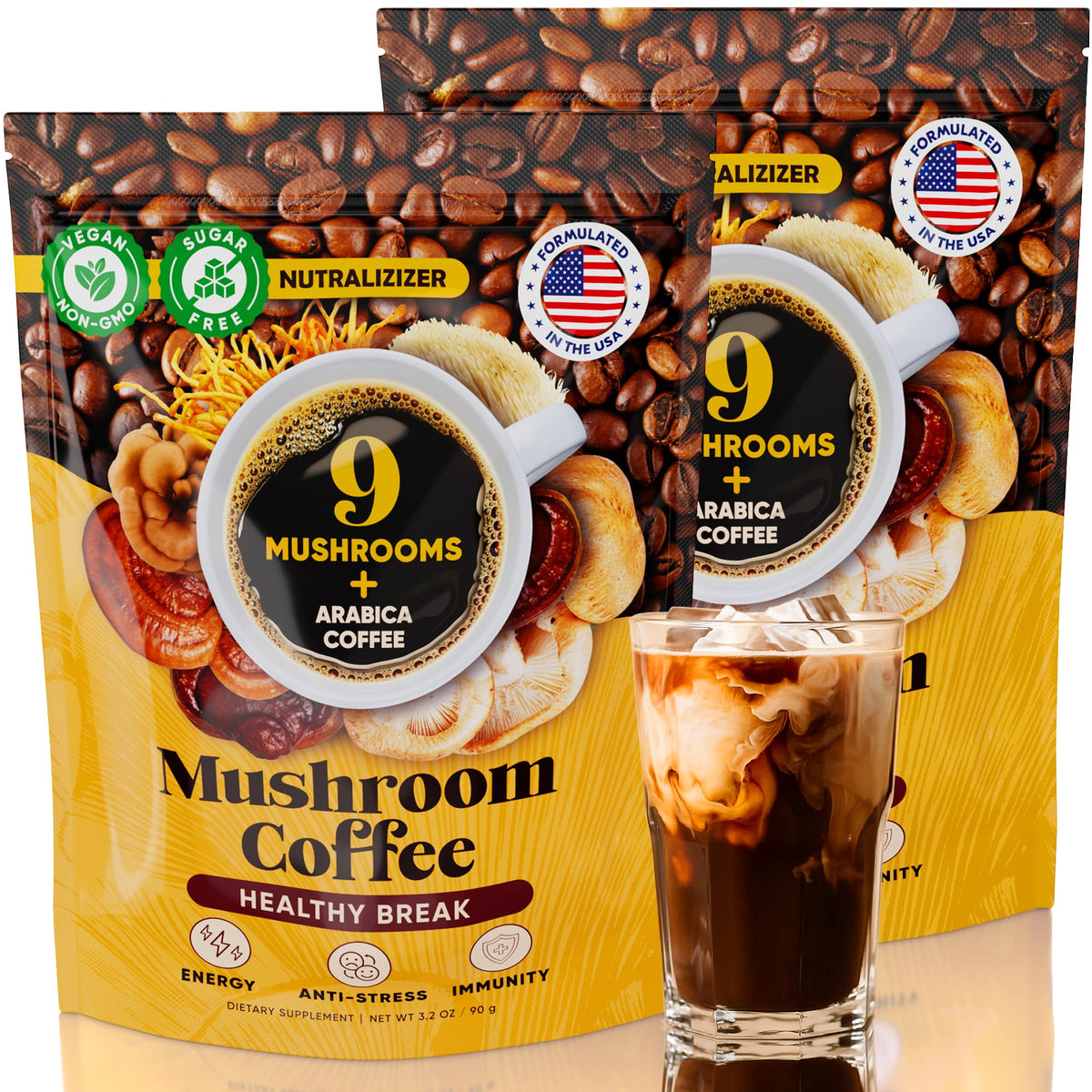 Mushroom Coffee - 10 In 1 Instant Coffee Organic Arabica - Cafe De Hongos W/Lions Mane  Turkey Tail  Chaga - Focus  Gut Health  Weight & Immune Support - Low Energy Blend  Sugar-Free  Gluten Free 90G