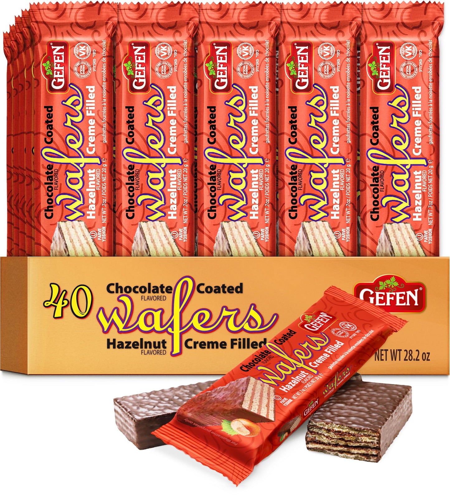 Gefen (40 Pack) Individually Wrapped Dairy Free Chocolate Coated Wafers Filled With Delicious Hazelnut Flavored Cream | Kosher | Lunch Box Friendly