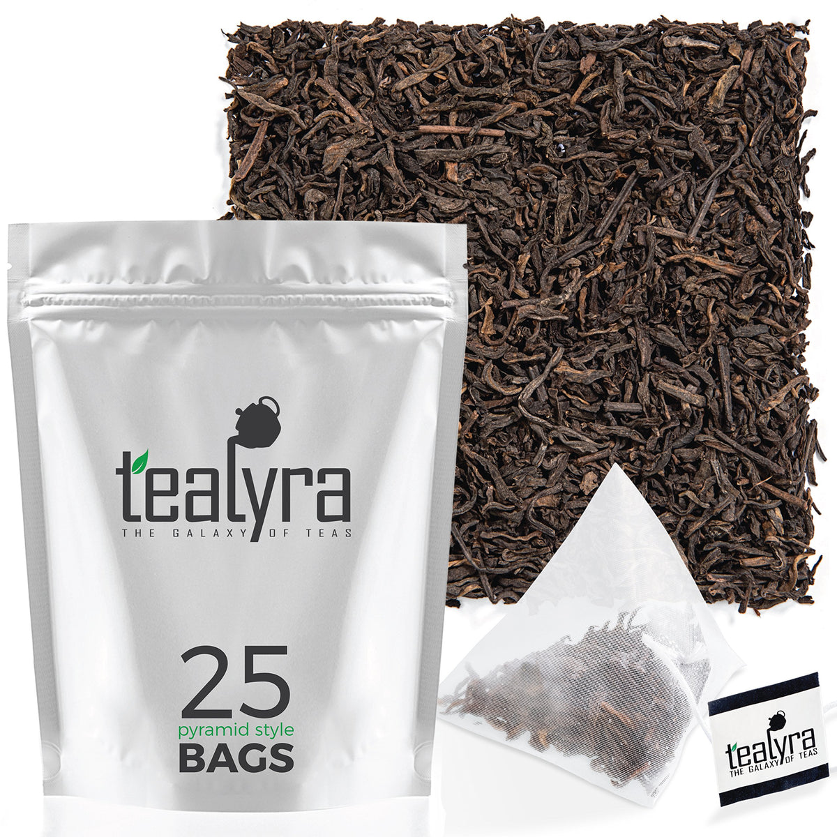Tealyra Puerh Tea Bags - 100% Natural Bold Loose Leaf - 25 Pyramid Sachets