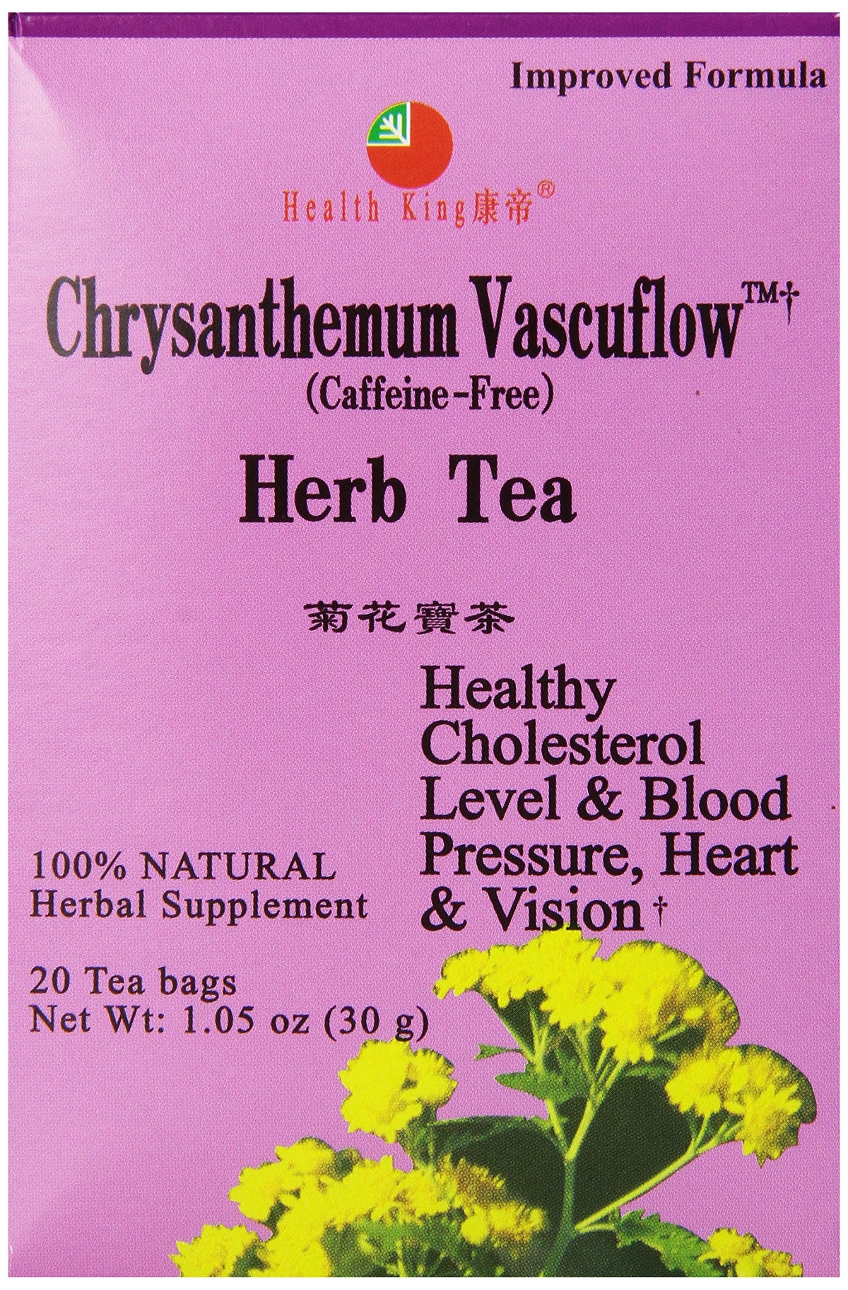 Health King Chrysanthemum Vascuflow Herb Tea, Teabags, 20 Count Box