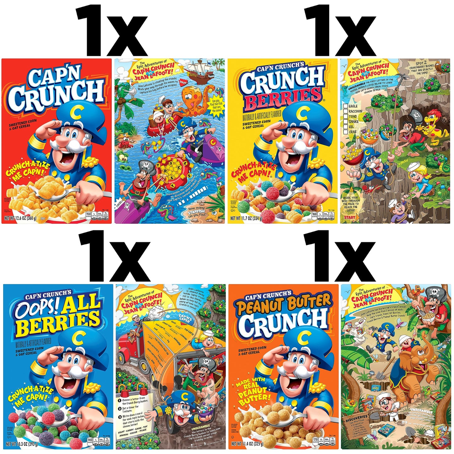 Quaker Cap'N Crunch Breakfast Cereal, 4 Flavor Variety Pack, (4 Pack), Sweetened Corn & Oat Cereal Original, Crunch Berries, Oop