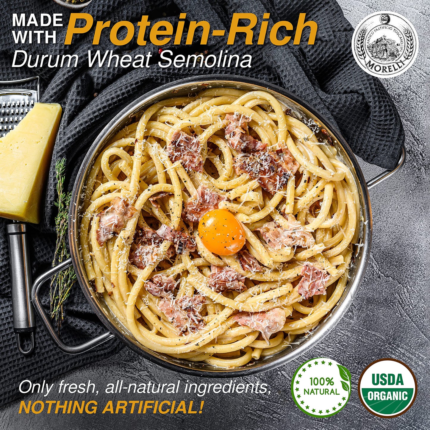 ANTICO PASTIFICIO MORELLI Bucatini Pasta Noodles - Organic Duspirit-inspired flavor Wheat Semolina - 17.6oz (Pack of 12) - Yellow