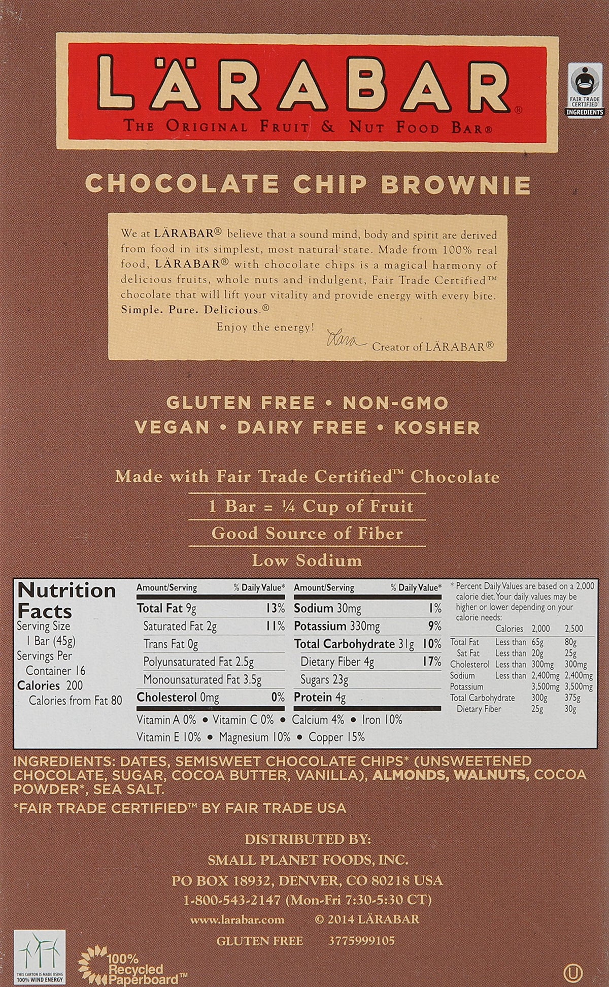 General Mills Larabar Gluten Free Bar, Chocolate Chip Brownie, 1.6 oz (16 Count)