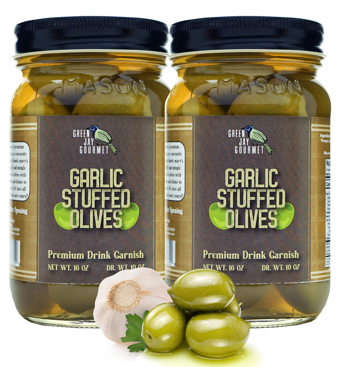 Green Jay Gourmet Garlic Stuffed Olives - 2 x 16 Oz - All Natural Green Olives for Cocktails and Cheese Boards