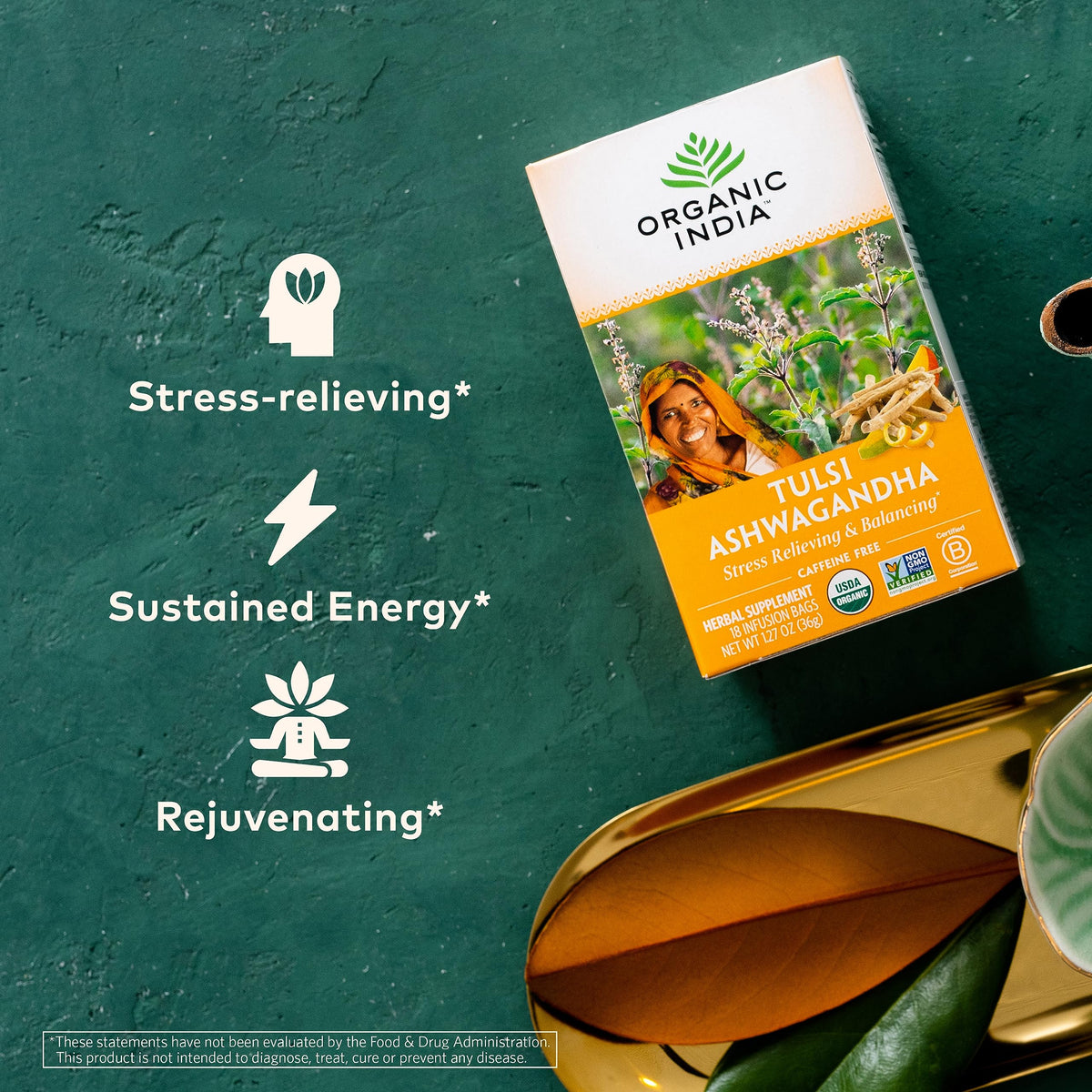 ORGANIC INDIA Tulsi Ashwagandha Herbal Tea - Stress Relieving, Vegan, Gluten-Free - 18 Infusion Bags, 3 Pack, Natural
