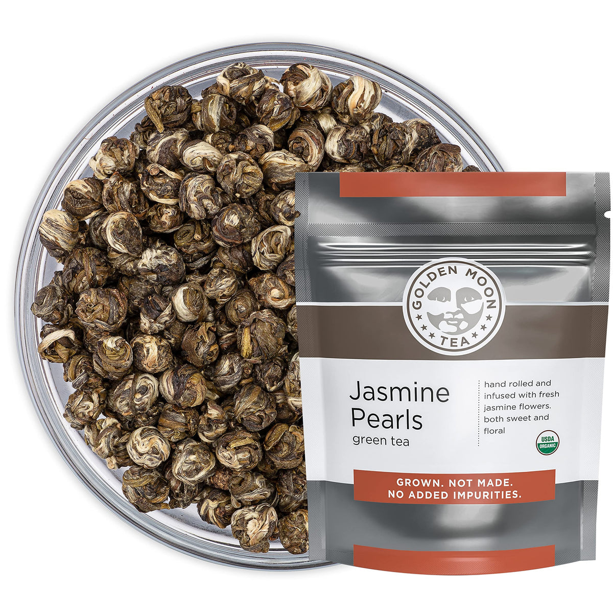 Golden Moon Tea Organic Jasmine Pearls Green Tea - Loose Leaf Dragon Pearls, Premium Grade, Non Gmo - Half Pound (96 Servings)
