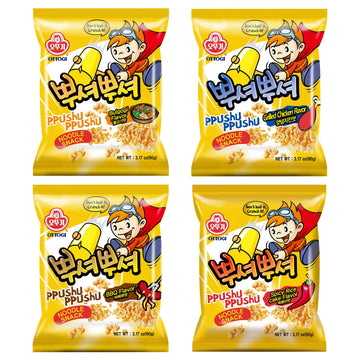 Ottogi PPUSHU Noodle Snack Variety Pack - BBQ, Bulgogi, Grilled Chicken, Spicy Rice Cake Flavors - 4 Pack, 3.17 Ounce Each