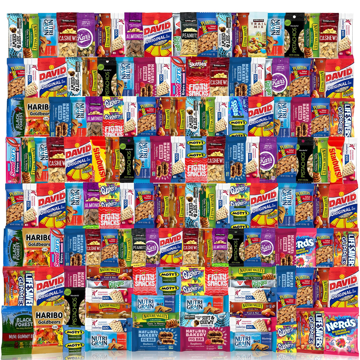 Snack Gift Care Basket, (140 Count) Snacks Gift Basket. Granola Bars, Nuts, Trail Mix, Fruit Snacks, Candy - Great Gift for Home