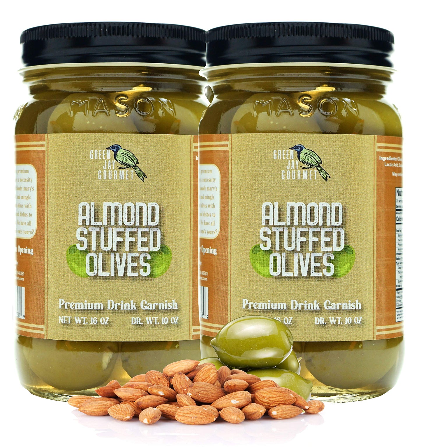 Green Jay Gourmet Almond Stuffed Olives - Almond Stuffed Green Olives For Mixed Flavor Garnish & Cheese Board - Dirty Beverage-Style Olives - Gourmet Olives - All Natural - Large - 2 X 16 Ounces