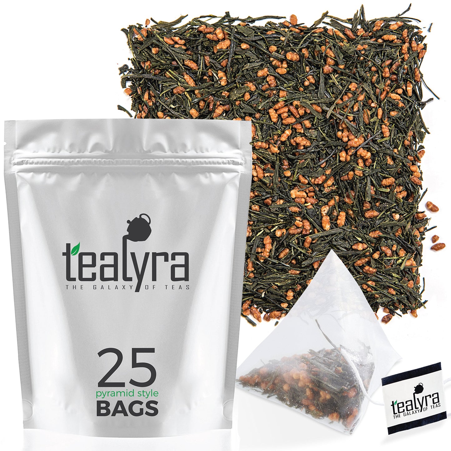 Tealyra Gen Mai Cha Supreme Green Tea - 25 Pyramids Sachets - Low Caffeine - Loose Leaf
