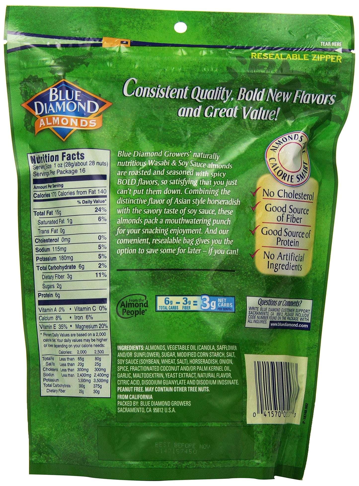 Blue Diamond Almonds Bold Wasabi & Soy Sauce, Value Pack, 16-Ounce (Pack of 3)