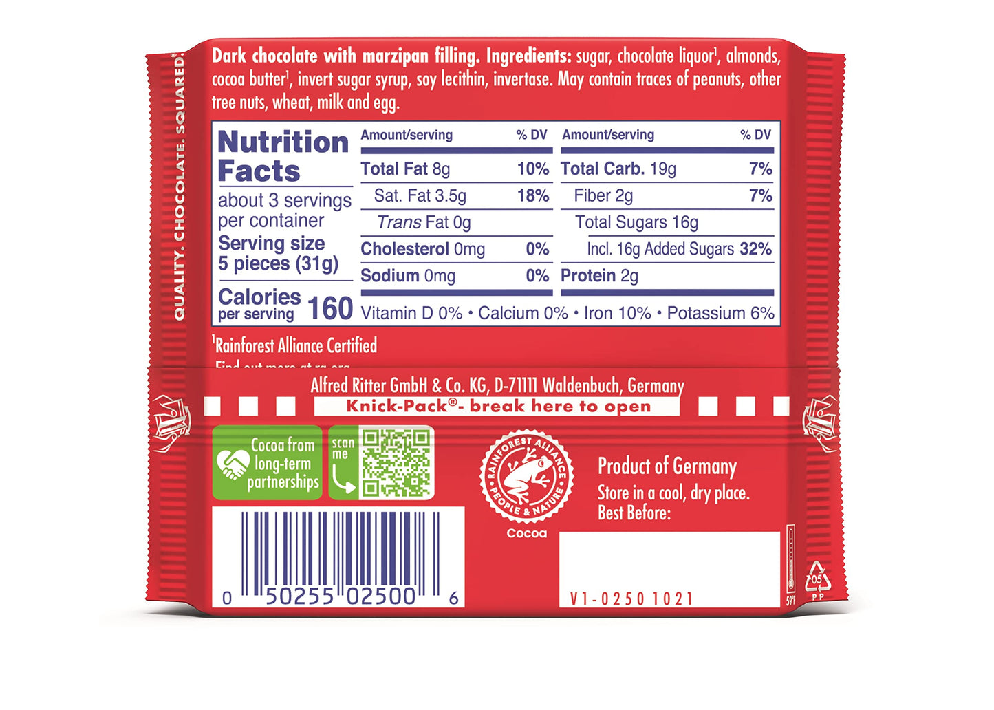 Ritter Sport Choc Bar Marzipan Bttrswt (Pack Of 12)