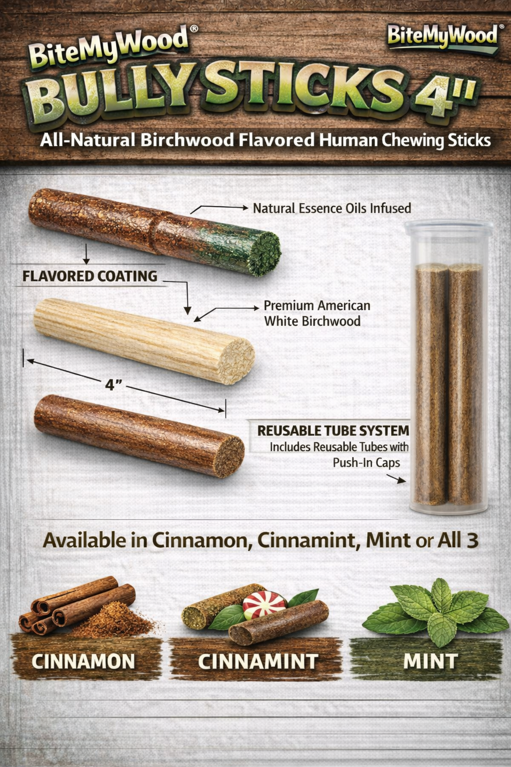 Bully Stick 4" - Revolutionary All Natural Birchwood Flavored Human Chewing Sticks | BiteMyWood