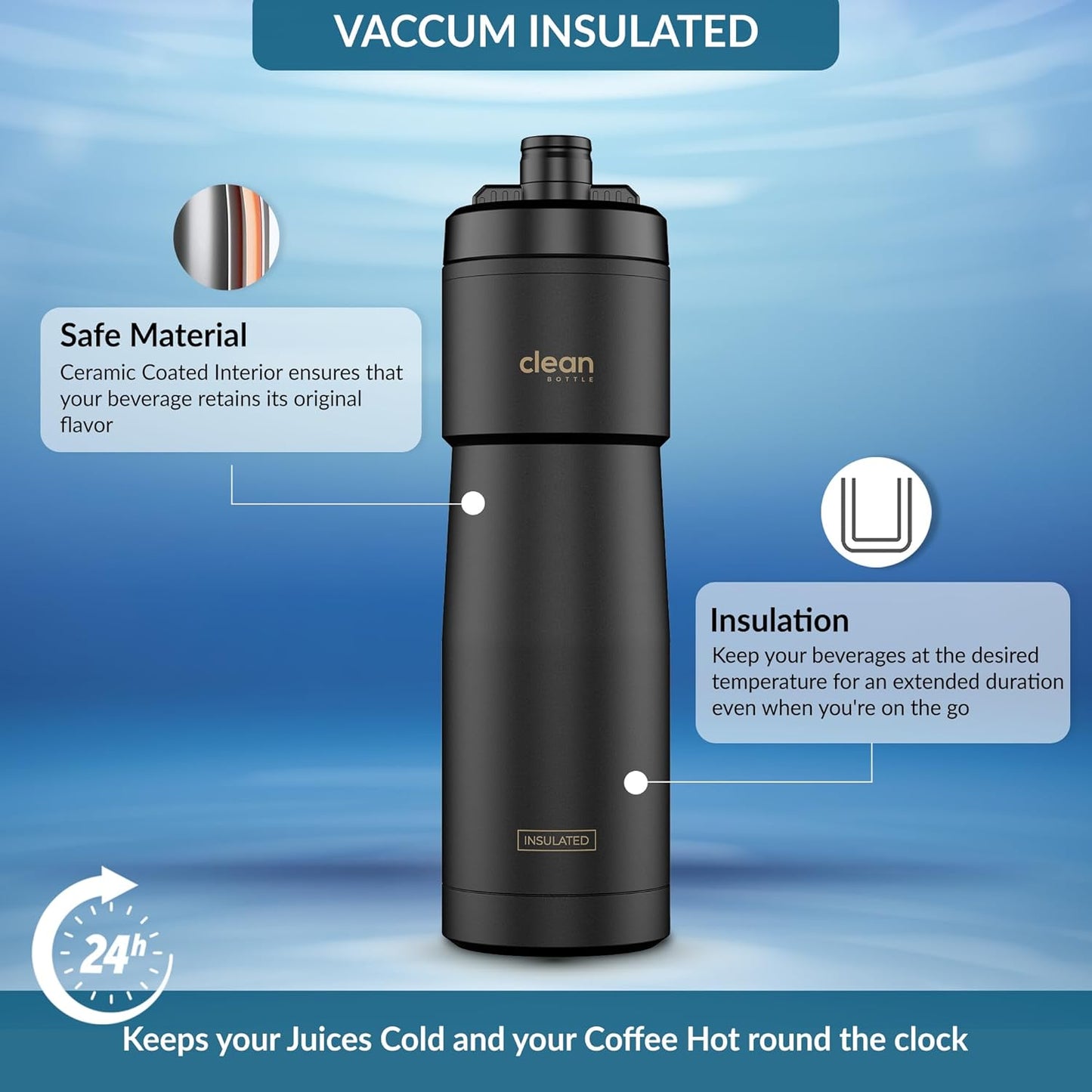 Clean Bottle Insulated Bike Water Bottle, 23 oz, Black, Easy Clean Nozzle, Squeeze Design, Model SPT23001