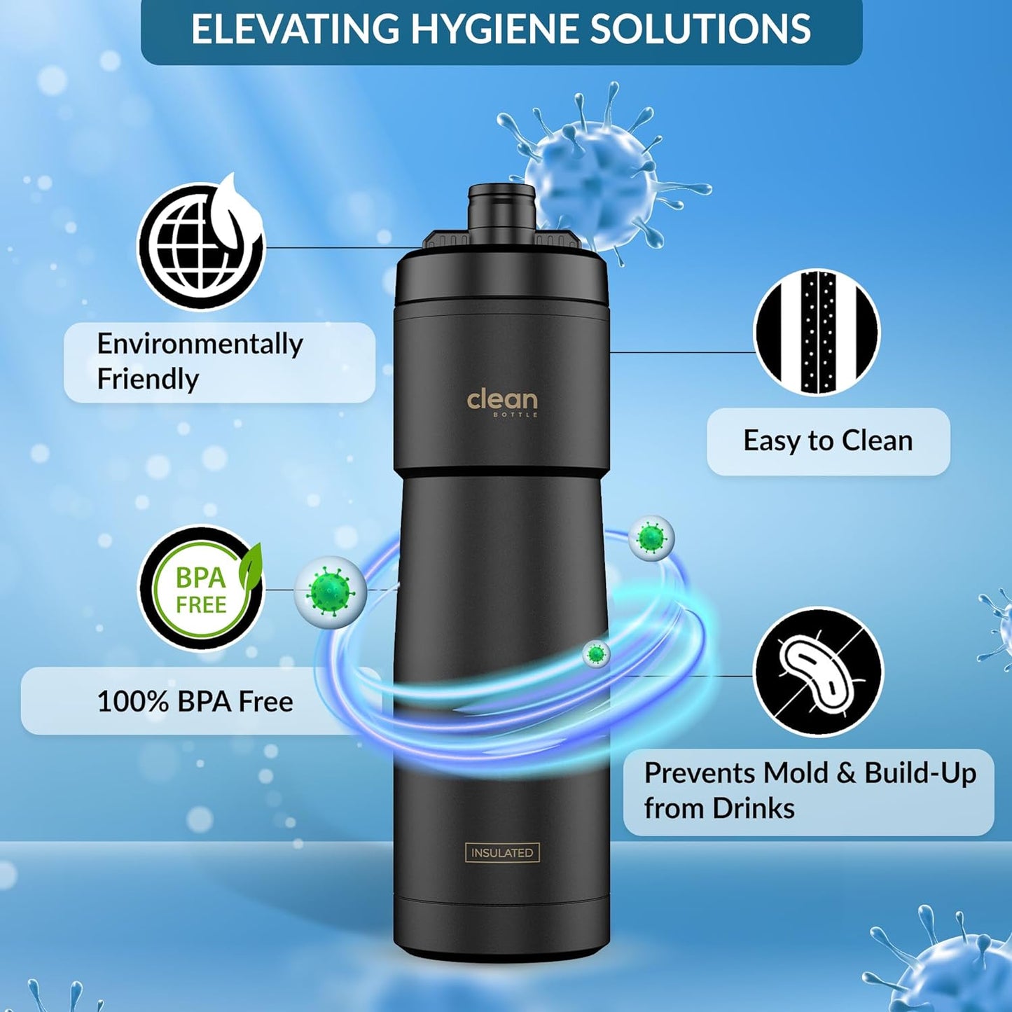Clean Bottle Insulated Bike Water Bottle, 23 oz, Black, Easy Clean Nozzle, Squeeze Design, Model SPT23001
