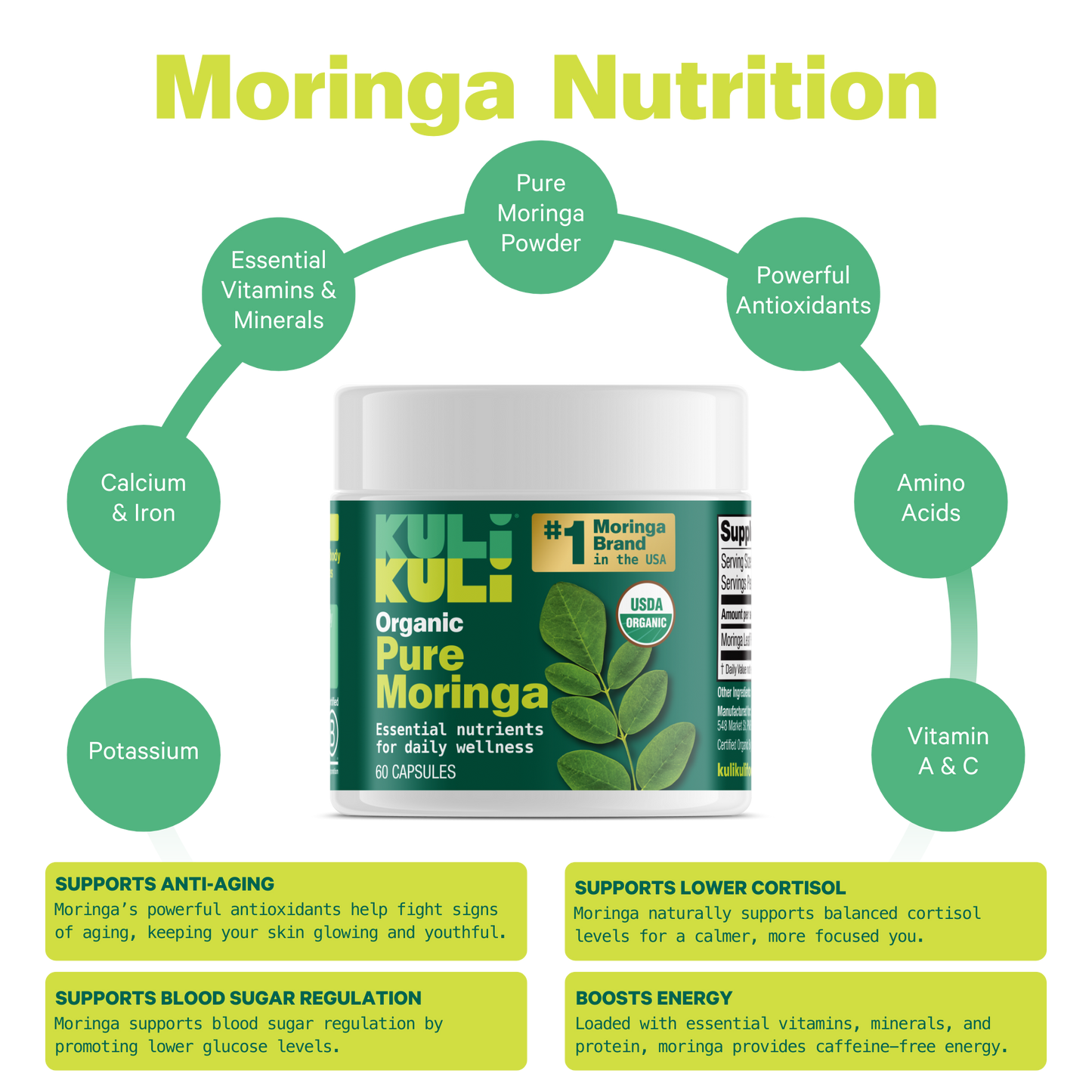 Organic Pure Moringa Powder Capsules (60-Count)