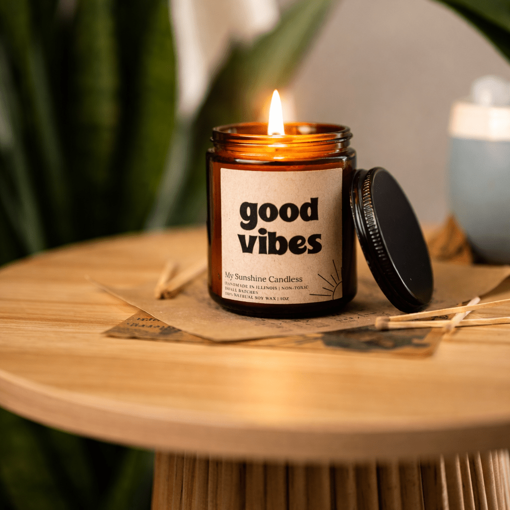 Good Vibes Amber Jar Candle 8 oz – Soy Wax Candle, Clean Burning, Non-Toxic, Handmade