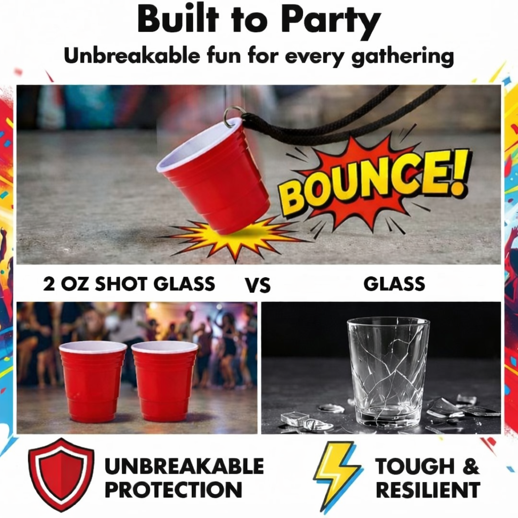 Redcupliving Reusable Red Plastic Shot Cup with Lanyard, 2 oz