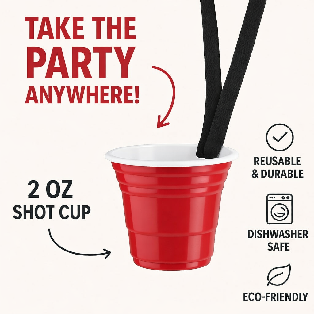Redcupliving Reusable Red Plastic Shot Cup with Lanyard, 2 oz