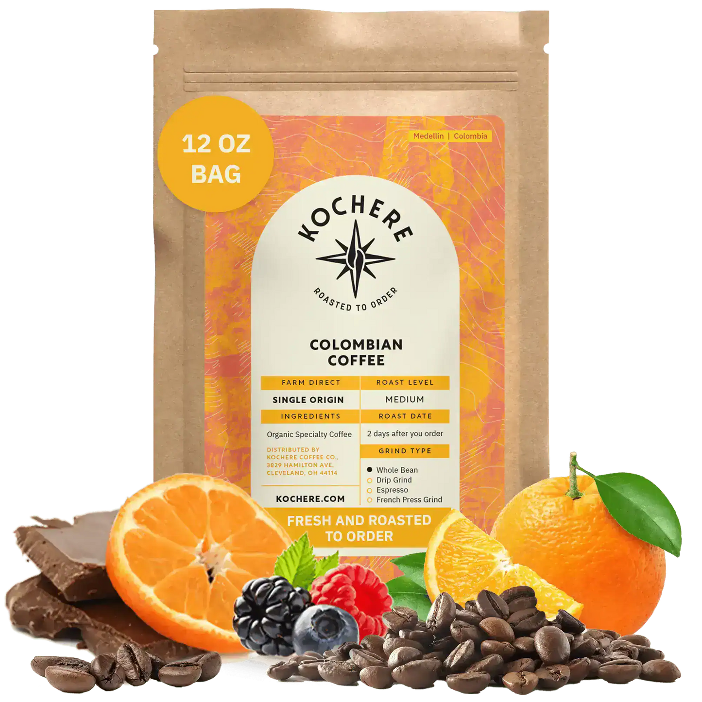 Kochere Coffee Colombian Medellin Single Origin Medium Roast - Dried Orange, Berry Notes