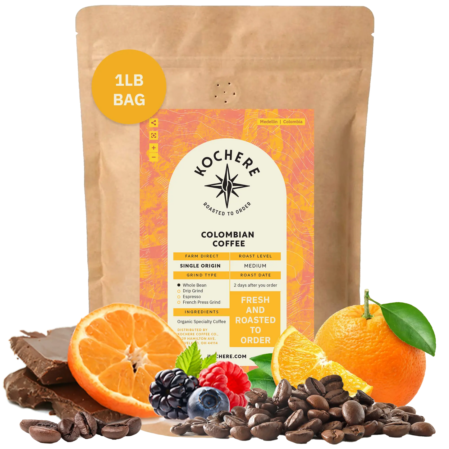 Kochere Coffee Colombian Medellin Single Origin Medium Roast - Dried Orange, Berry Notes