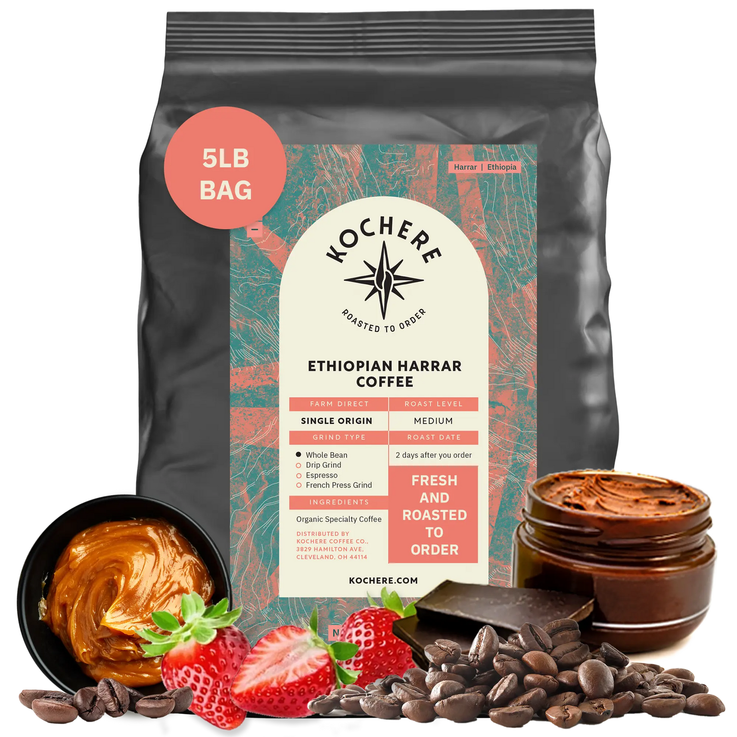 Kochere Coffee Ethiopian Harrar Coffee – Single Origin Natural Medium Roast - Fruity, Berry, Dark Chocolate Notes