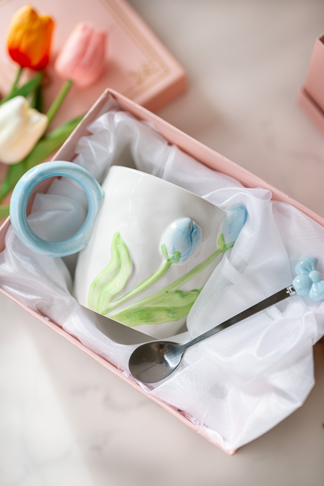 3D Tulip Ceramic Mug with Spoon Gift Set | Hand-Carved Floral Coffee Cup